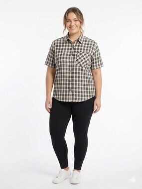 Nick & Sarah Women's L Black White Plaid Button-UP Short Sleeve‎ Shirt